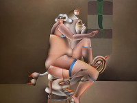 Luis Zárate (México, 1951), Pareja y pájaros pasando, óleo sobre tela, 162 x 113 cm., 1980